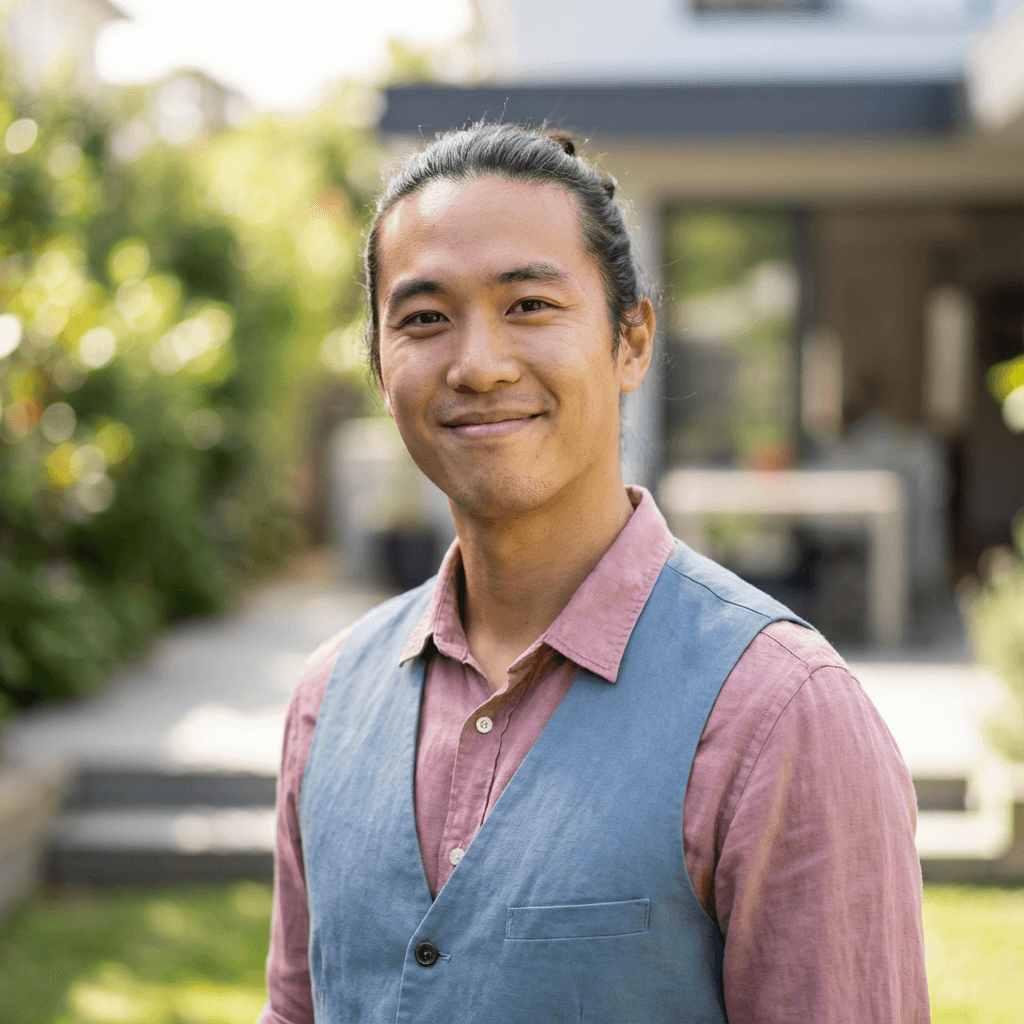 Professional male property owner in his 40s, Black, practical and reliable demeanor, wearing a casual shirt in a cozy rental unit