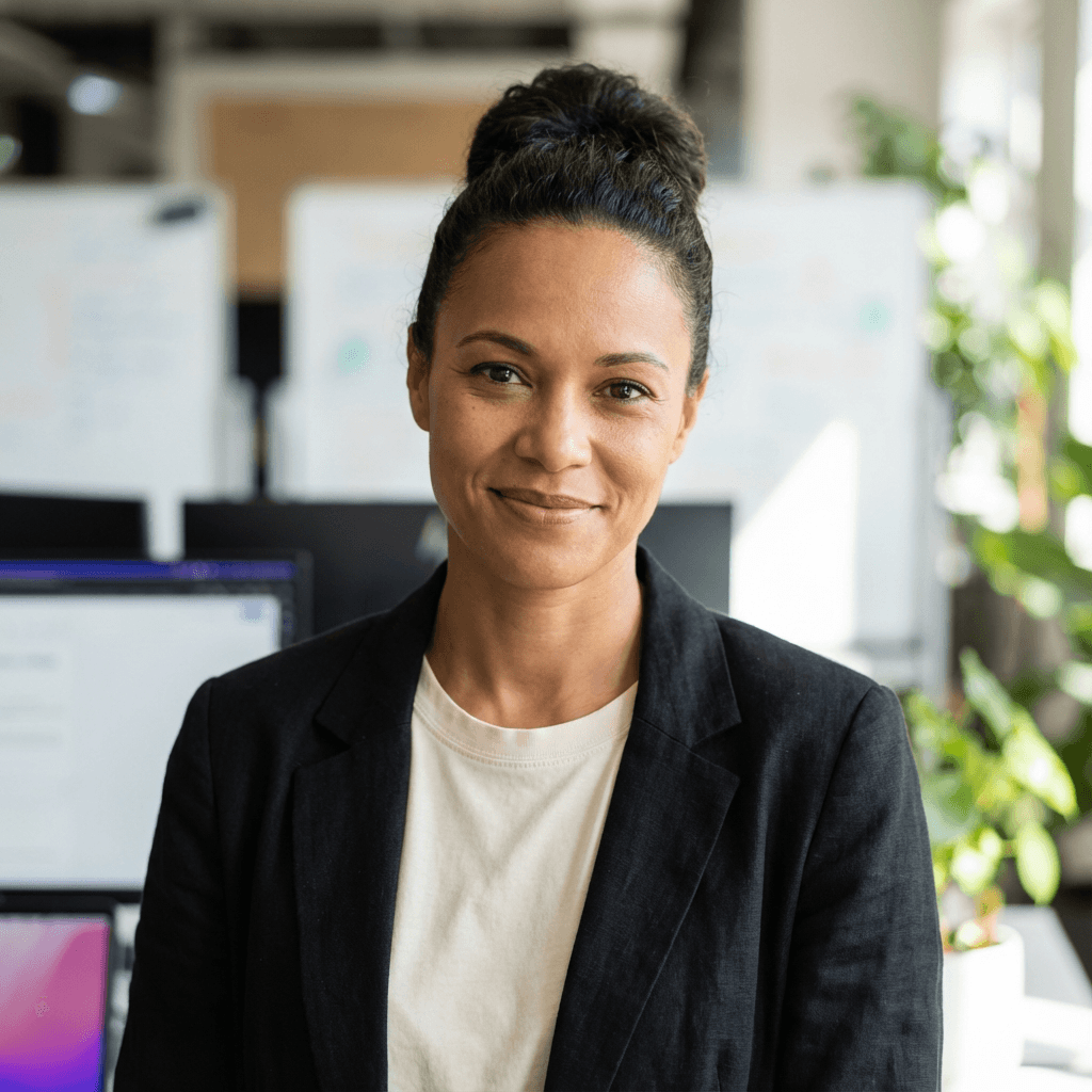 Professional female project coordinator in her 30s, White, approachable and capable demeanor, wearing business casual attire in a modern workspace
