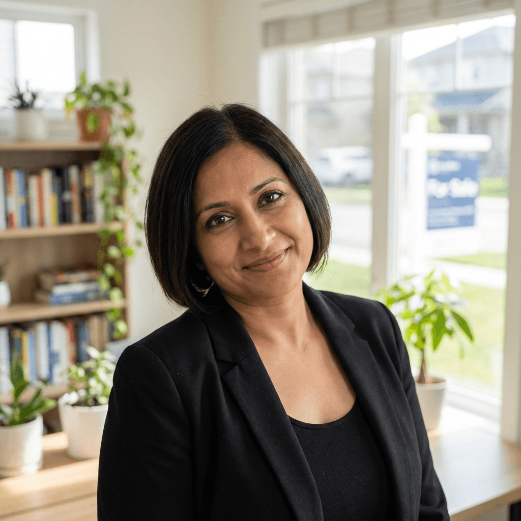 Professional female building manager in her early 40s, South Asian, efficient and organized demeanor, wearing a professional top in an office setting