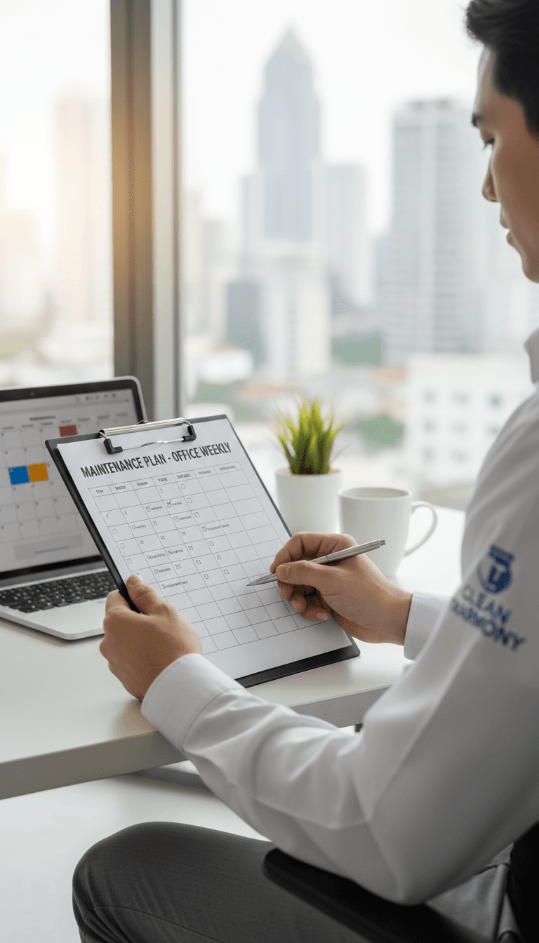 Professional cleaner with clipboard reviewing a maintenance schedule