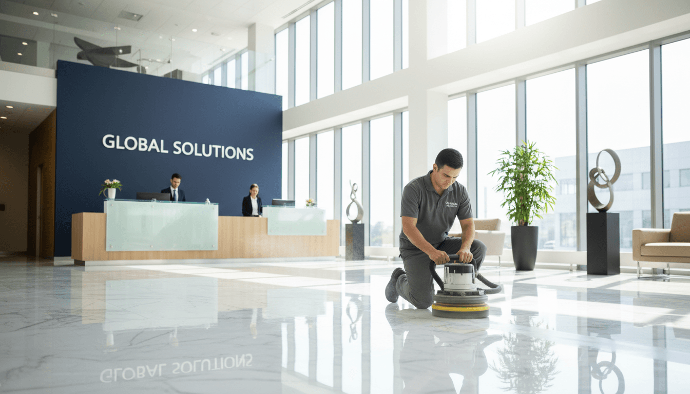 Professional cleaner polishing a surface in a bright commercial office lobby