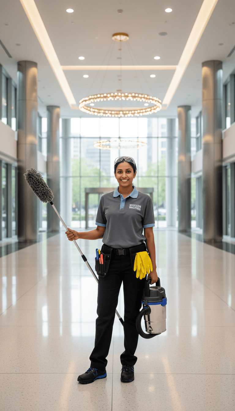 Maintenance worker with clipboard in a commercial property