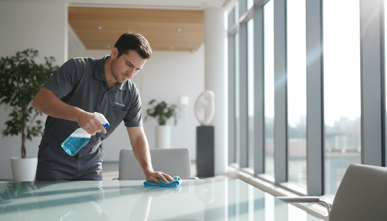 Professional cleaner maintaining an office workspace in Toronto